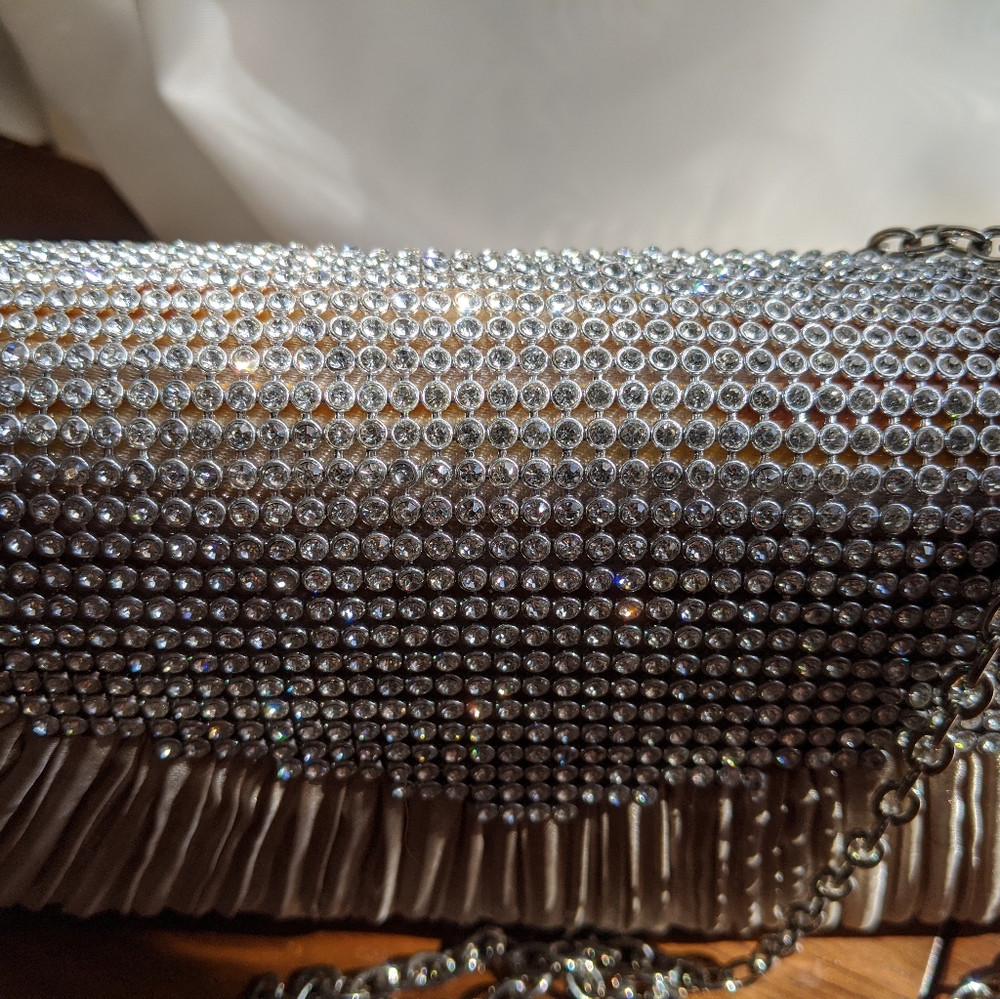 Satin & Rhinestone Clutch w/ Removable Chain - Picture 3 of 7